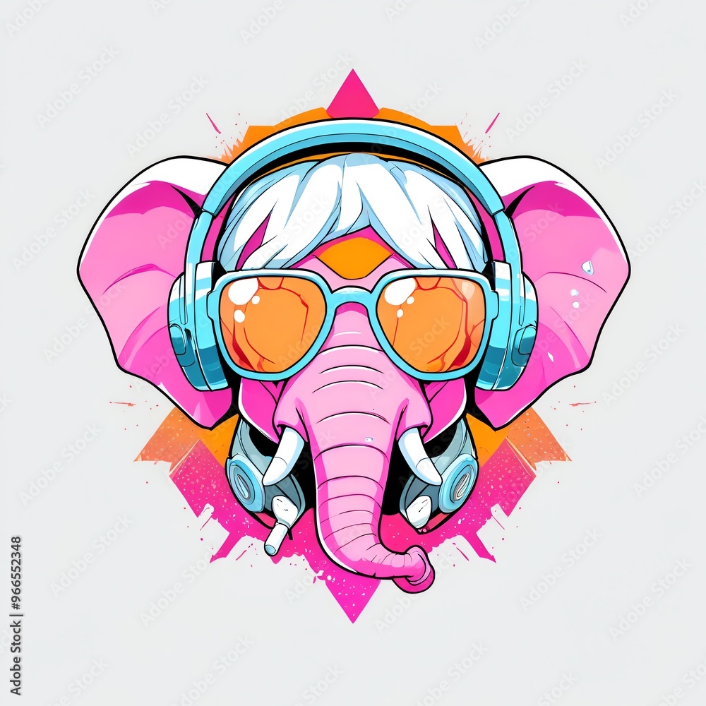 Sticker cool elephant with headphones and sunglasses