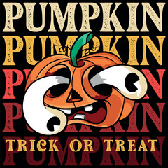 Scary Halloween pumpkin Jack O Lantern in a night landscape vector illustration. Glowing Halloween pumpkin in a dark spooky landscape. Halloween background with pumpkin, full moon, bats and trees