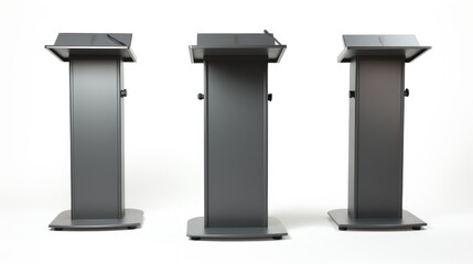 Three empty podiums stand on a white background, ready for speakers to deliver their message.