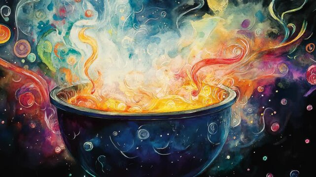 Colorful cosmic swirling energy emerging from a mystical cauldron in an ethereal space environment