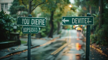 Fototapeta premium Green Street Signs with Arrow and Text Pointing in Opposite Directions