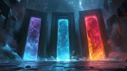Three magical portal in between various realities, multiverse theory concept illustration. Time Portal. Illustration