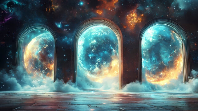 Three magical portal in between various realities, multiverse theory concept illustration. Time Portal. Illustration