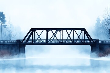 Naklejka premium A misty landscape featuring a vintage bridge over calm waters, creating a serene and tranquil atmosphere in nature.