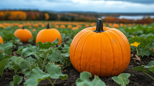 A pumpkin patch with pumpkins of various sizes and shapes, ready for harvest a backdrop of fall colors.