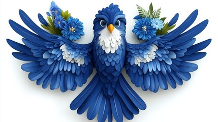 Obraz premium A vibrant blue bird with intricate wing details and floral accents, showcasing elegance and natural beauty.