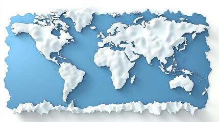 An artistic representation of a world map featuring textured clouds against a blue background.