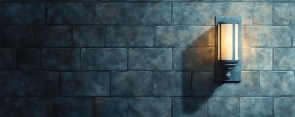 A vintage wall lamp illuminating a textured stone wall, creating a warm, inviting atmosphere and casting intriguing shadows.