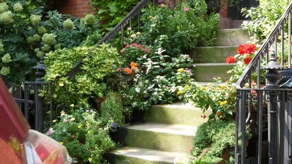 New York City townhouse building, Brooklyn Heights residential district, USA. Brownstone urban architecture, attached house. United States real estate, american property, apartments and homes in NYC.