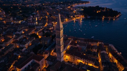 Obraz premium aerial view of a beautiful coastal town with a church tower on a sunset night