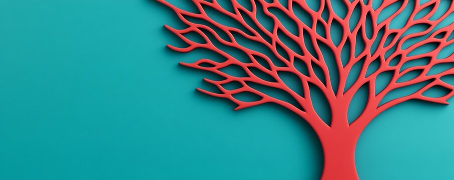 A vibrant red tree silhouette on a turquoise background, symbolizing nature and creativity, ideal for modern decor themes.
