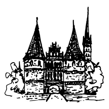 The Holsten Gate (Holstentor) in Hanseatic city of L&uuml;beck, Germany. Brick Gothic architectural historical monument with twin towers. Hand drawn linear doodle rough sketch. Black and white silhouette.