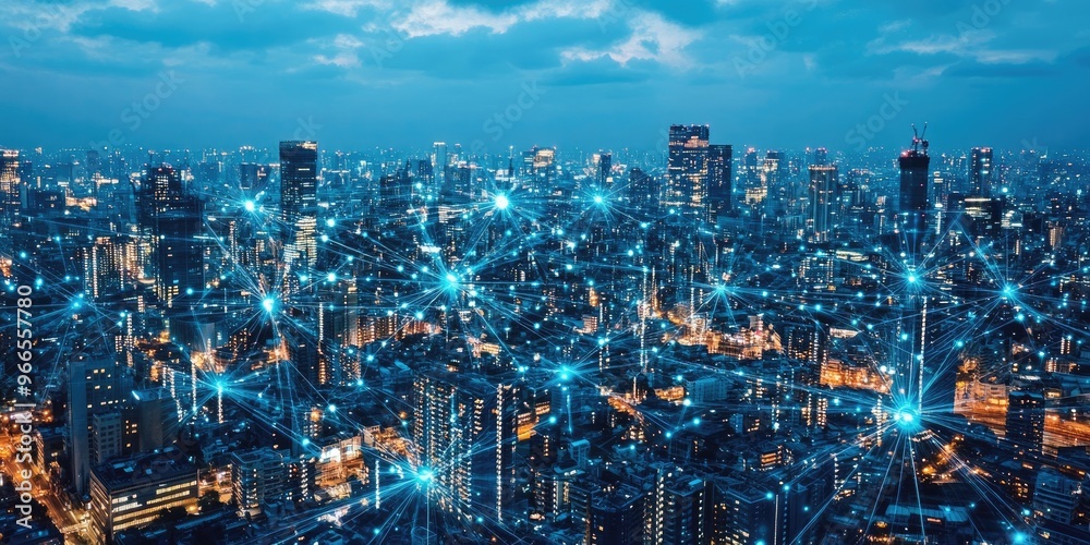 Poster cityscape with data connections, illustrating the concept of a smart city powered by interconnected 