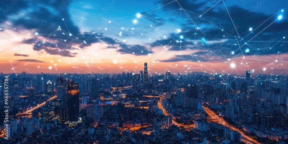 Poster cityscape with data connections, illustrating the concept of a smart city powered by interconnected 
