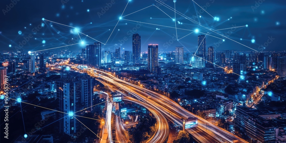 Aufkleber cityscape with data connections, illustrating the concept of a smart city powered by interconnected 