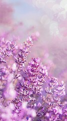 Obraz premium Blooming lavender field with soft bokeh background, close-up of vibrant purple flowers in natural sunlight.