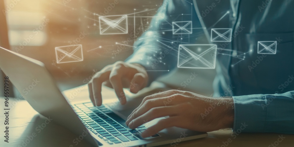 Poster businessman working with laptop sending email on virtual screen, email marketing concept, sending ma