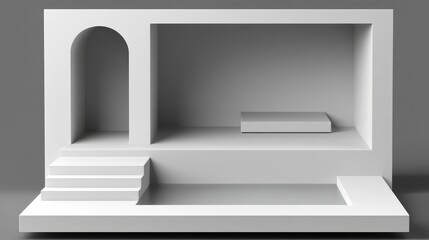 Minimalist architectural model featuring a white room with stairs, archway, and pool for modern design inspiration.