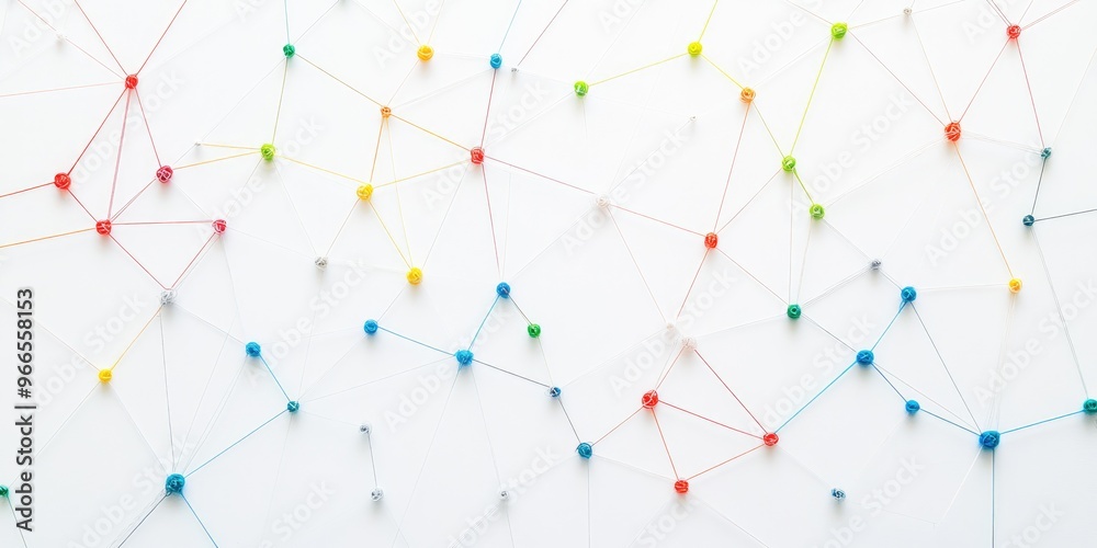 Aufkleber abstract web line connection of color yarn from nail node to node on white background , networking concept