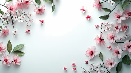 Beautiful composition of spring flowers and leaves on white background with copy space. generative ai. Spring Blossom. Illustration
