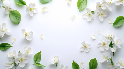 Fototapeta premium Beautiful composition of spring flowers and leaves on white background with copy space. generative ai. Spring Blossom. Illustration