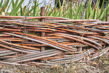 Close-up of old rustic wicker fence in the garden. Traditional handmade wattle fence in the village