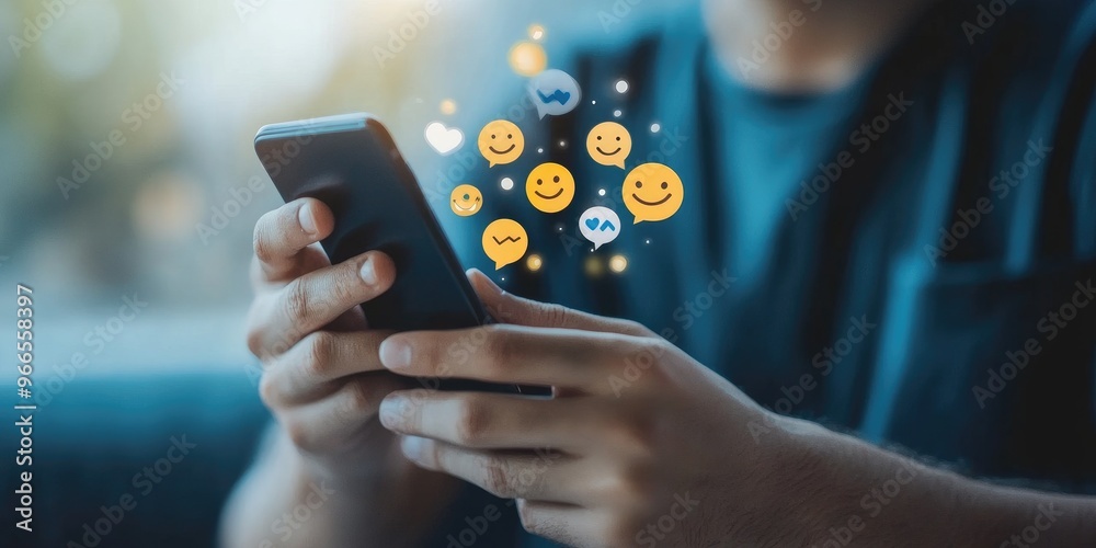 Poster man hand using smartphone with social media emoticons pop up from screen , social media and digital 