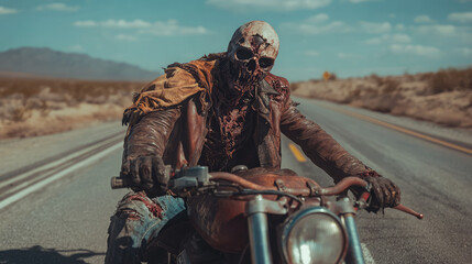 A decaying zombie biker on a rusted motorcycle, tattered leather jacket hanging from its shoulders, empty highway stretching behind, apocalyptic desert landscape.