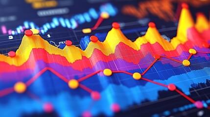 Vibrant stock market graph showcasing data trends with colorful peaks and valleys, ideal for financial and analytical projects.