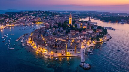 Fototapeta premium aerial view of a beautiful coastal town with a church tower on a sunset night