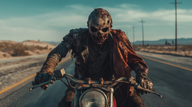 A decaying zombie biker on a rusted motorcycle, tattered leather jacket hanging from its shoulders, empty highway stretching behind.