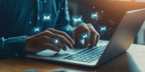 Businessman sending emails on a laptop through a virtual interfaceemail marketing concept for maintaining customer relationships.