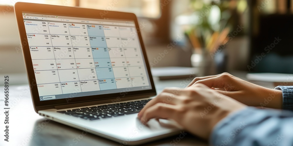Poster Person using a laptop with a virtual work schedule displayed on the screen.