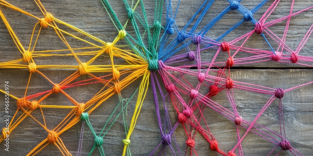 Poster Web-like connection of colored yarn strung between nails, representing network concepts.
