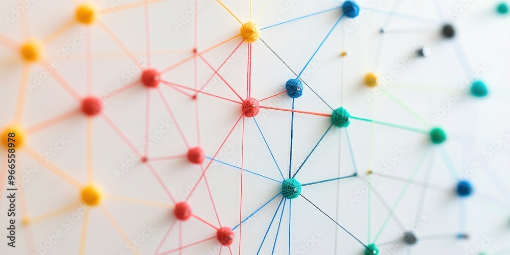 Poster Web-like connection of colored yarn strung between nails, representing network concepts.