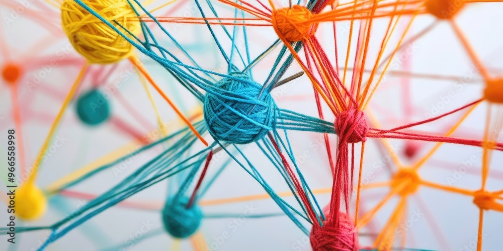 Poster Web-like connection of colored yarn strung between nails, representing network concepts.