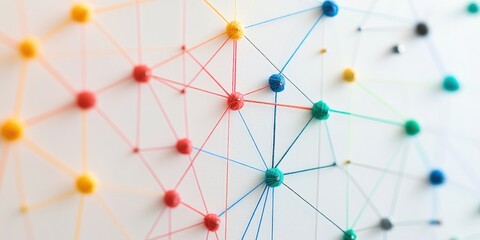 Web-like connection of colored yarn strung between nails, representing network concepts.
