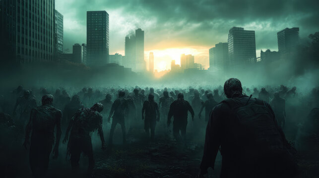A horde of zombies in a post-apocalyptic city, their decaying bodies moving toward the viewer, buildings crumbling in the background.