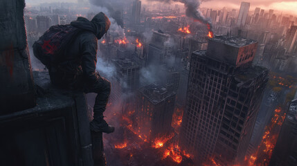 A survivor climbing a radio tower in an attempt to reach higher ground. The cityscape below is in ruins, with fires burning and zombies scattered across the streets.a