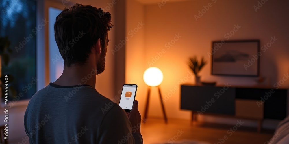 Poster an individual in a minimalist living space uses a smartphone to control the temperature and lighting
