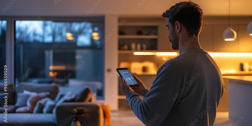 Poster an individual in a minimalist living space uses a smartphone to control the temperature and lighting