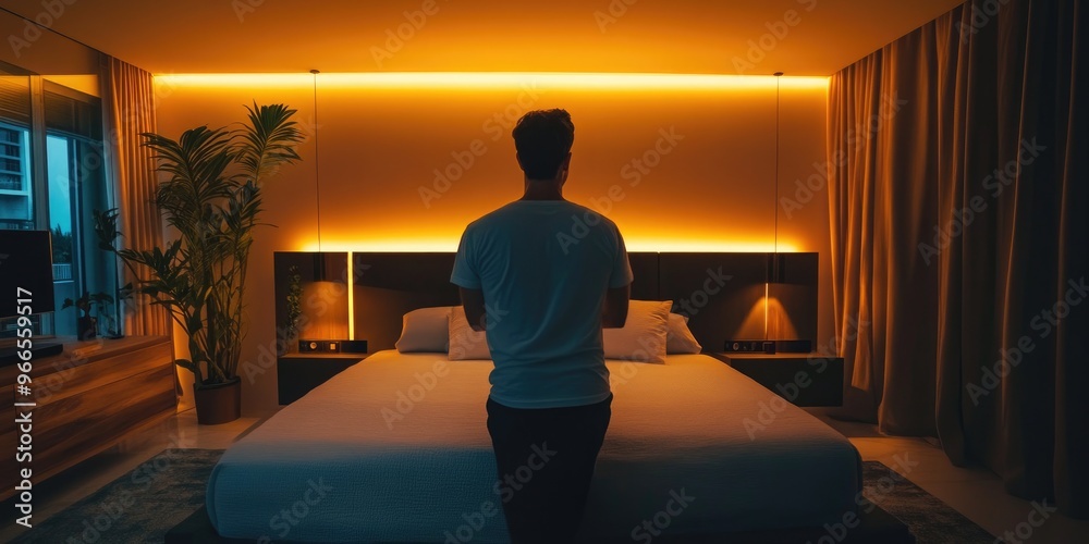 Poster A man modifies the lighting and temperature in a modern bedroom using a smart home app, creating a relaxing and customized atmosphere with advanced technology.