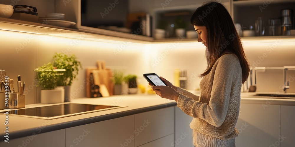 Poster a woman in a high-tech kitchen uses a smart device to control lighting and temperature, with advance