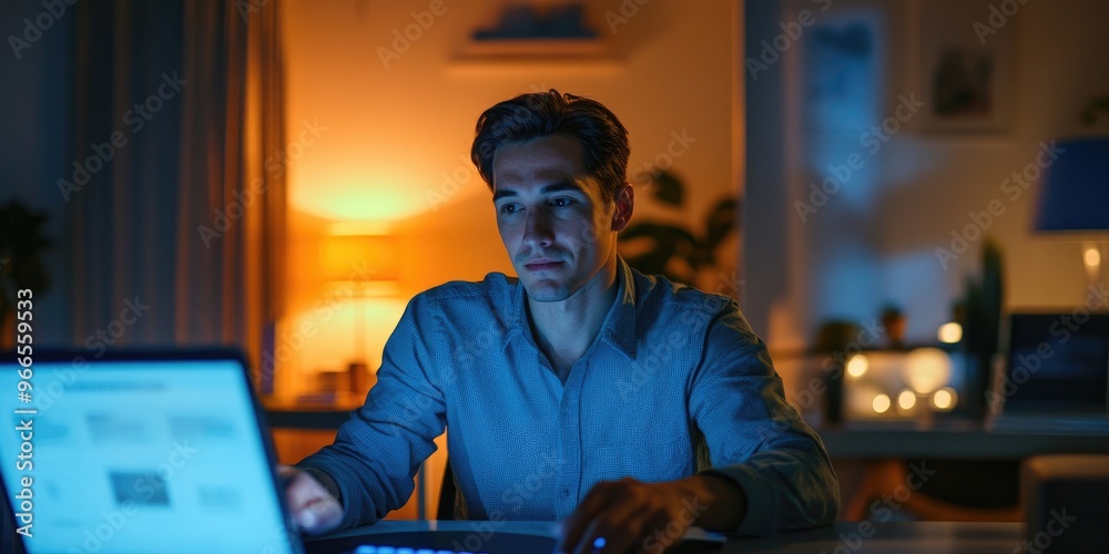 Poster a man in a contemporary home office adjusts the lighting and temperature using a smart home app, est