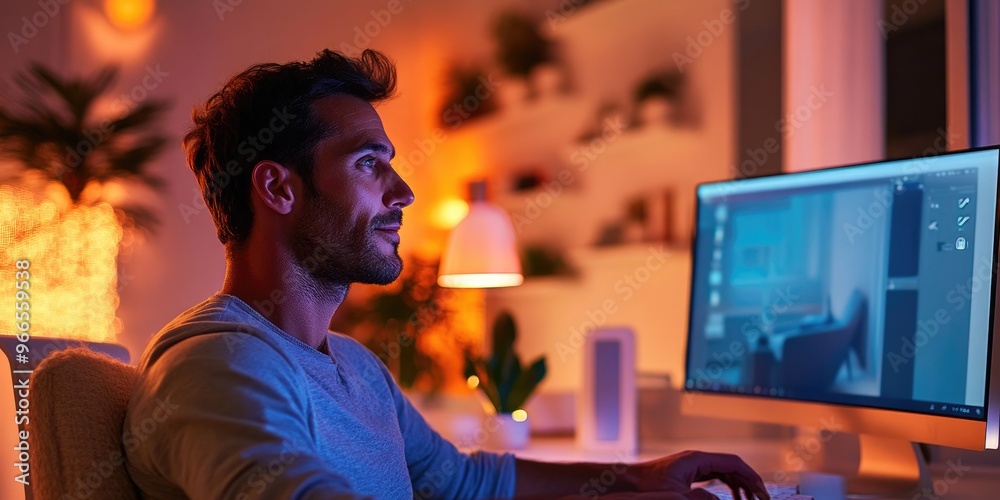 Poster a man in a contemporary home office adjusts the lighting and temperature using a smart home app, est