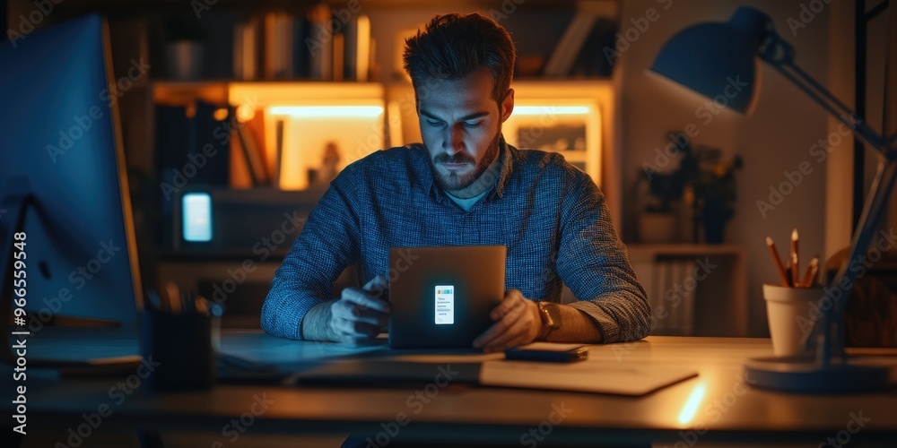 Poster a man in a contemporary home office adjusts the lighting and temperature using a smart home app, est