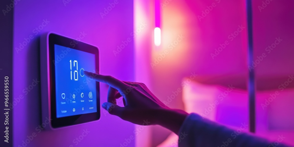 Poster a person uses a touch-screen thermostat to manage the room temperature in a high-tech bedroom, with 