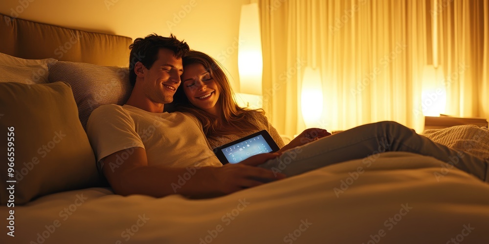 Poster A couple in a stylish bedroom uses a touch-screen device to adjust lighting and temperature, creating a serene and comfortable environment for relaxation.