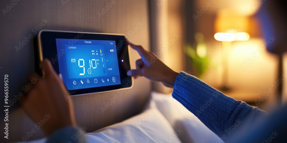 Poster a person uses a touch-screen thermostat to manage the room temperature in a high-tech bedroom, with 