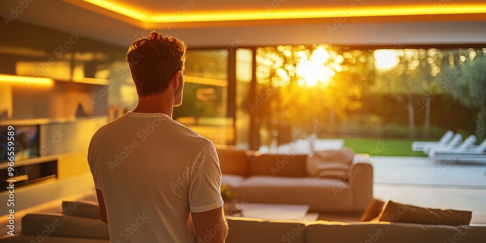 Poster A man in a contemporary living room uses a smart home app to control lighting and temperature, creating a warm and inviting atmosphere with advanced technology.